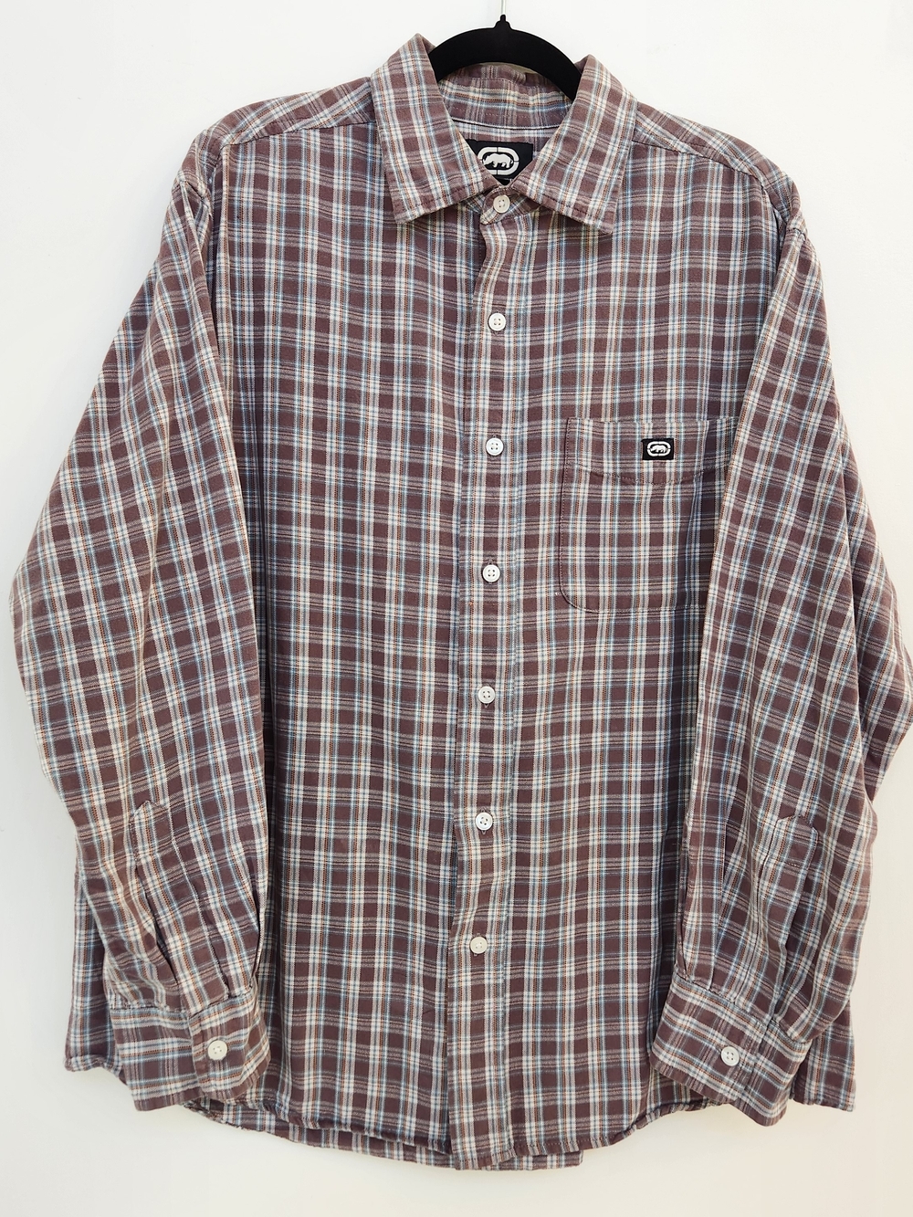 VTG 90s Ecko Unltd Woven Button-Up Plaid Long-Sleeve Shirt Point Collar Size M